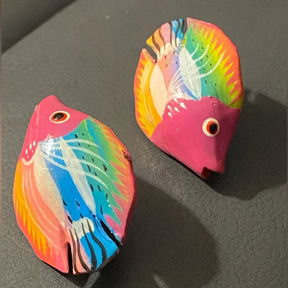 Vintage Wooden Hand Crafted Earrings Pierced Tropical Fish Design Colorful